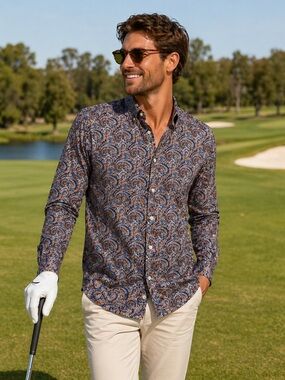 Paisley Button Down Shirt Men’s XXL Blue Orange Boho Retro Casual Long Sleeve